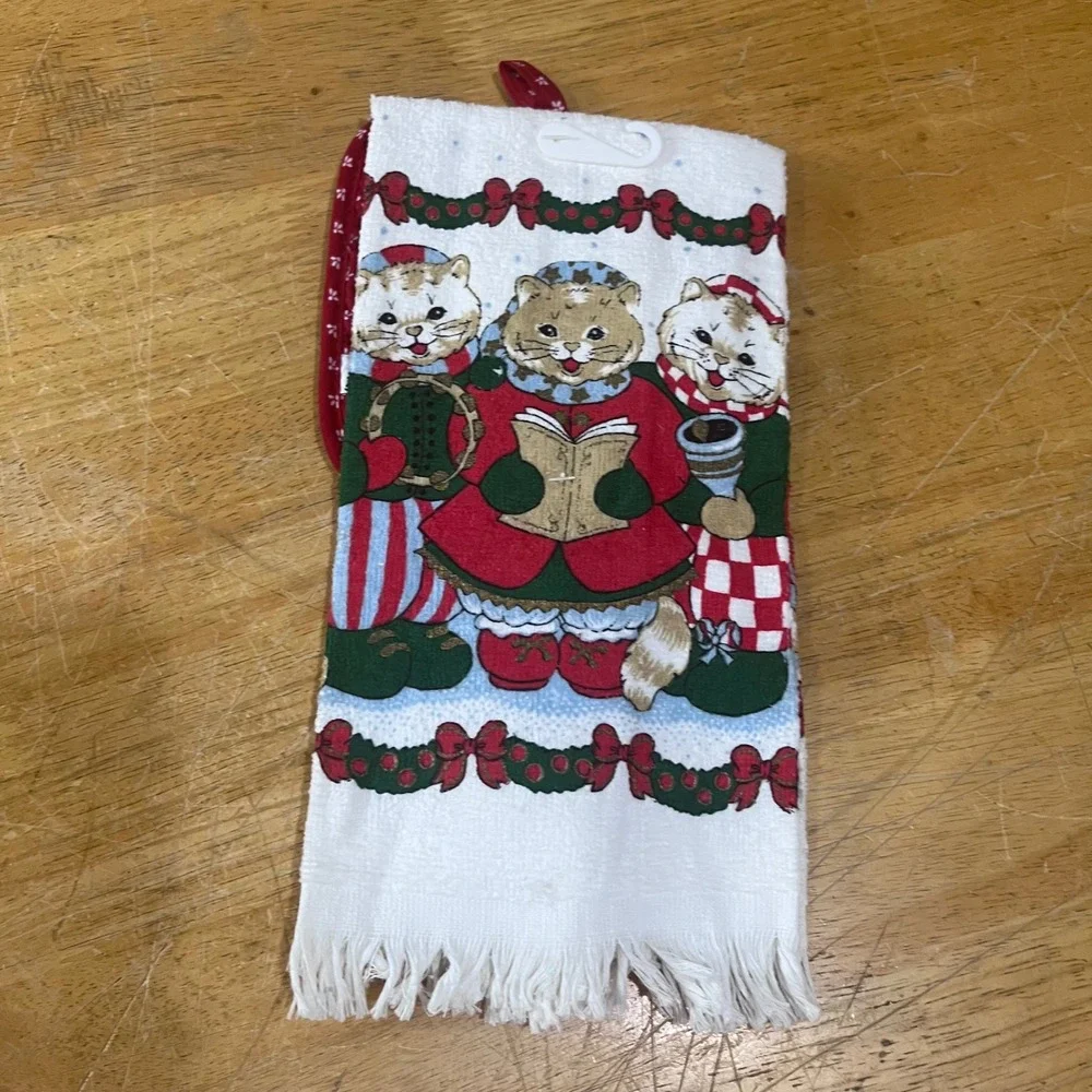 Vtg Holiday‎ Trimmings Caroling Cats 3pc Kitchen Towel Dish Cloth Pot Holder Set